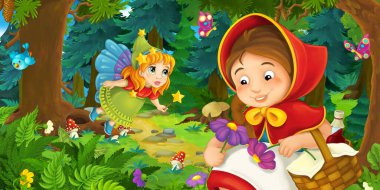 Ormanda bir yere giden genç bir kız ve mutlu bir köpekle çizgi film sahnesi ve çocuklar için bir çizim.