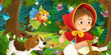 Ormanda bir yere giden genç bir kız ve mutlu bir köpekle çizgi film sahnesi ve çocuklar için bir çizim.