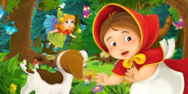 Cartoon Scene Young Girl Happy Dog Forest Going Somewhere Fairy — Stock Photo, Image