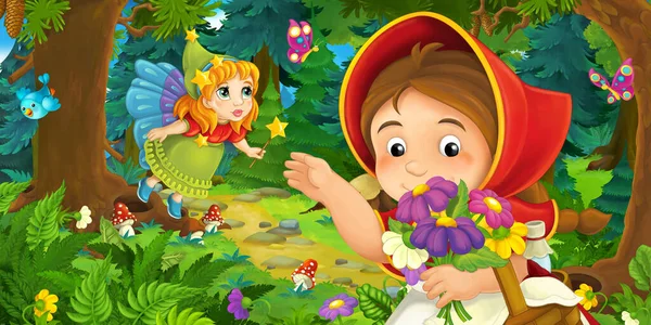 卡通片场景 森林里的小女孩和快乐的狗去了某个地方 仙女飞过 给孩子们的例证 — 图库照片