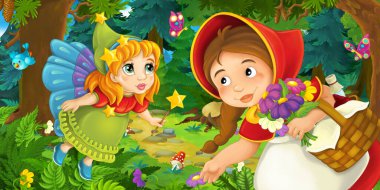 Ormanda bir yere giden genç bir kız ve mutlu bir köpekle çizgi film sahnesi ve çocuklar için bir çizim.