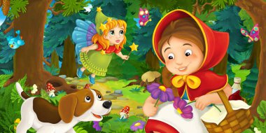 Ormanda bir yere giden genç bir kız ve mutlu bir köpekle çizgi film sahnesi ve çocuklar için bir çizim.