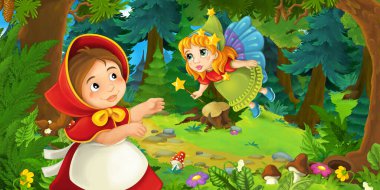 Ormanda bir yere giden genç bir kız ve mutlu bir köpekle çizgi film sahnesi ve çocuklar için bir çizim.