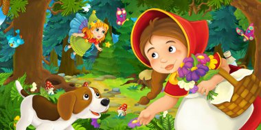 Ormanda bir yere giden genç bir kız ve mutlu bir köpekle çizgi film sahnesi ve çocuklar için bir çizim.