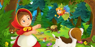 Ormanda bir yere giden genç bir kız ve mutlu bir köpekle çizgi film sahnesi ve çocuklar için bir çizim.