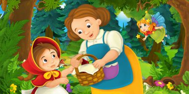 Ormanda bir yere giden genç bir kız ve mutlu bir köpekle çizgi film sahnesi ve çocuklar için bir çizim.