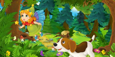 Uçan peri kızın olduğu çizgi film sahnesi ve ormanda mutlu bir köpek - çocuklar için çizim