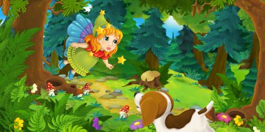 Uçan peri kızın olduğu çizgi film sahnesi ve ormanda mutlu bir köpek - çocuklar için çizim