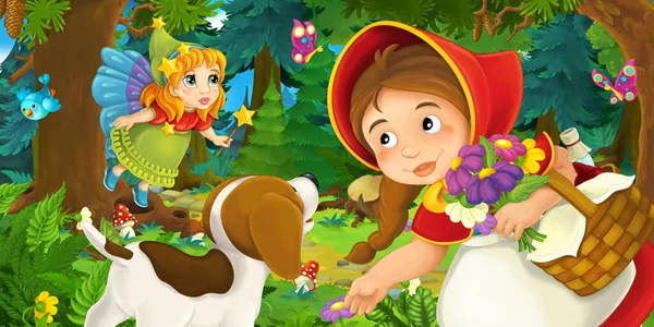 Scène Dessin Animé Avec Jeune Fille Chien Heureux Dans Forêt — Photo