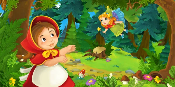 Cartoon Scene Young Girl Happy Dog Forest Going Somewhere Fairy — Stock Photo, Image