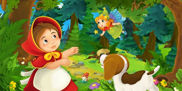 卡通片场景 森林里的小女孩和快乐的狗去了某个地方 仙女飞过 给孩子们的例证 — 图库照片