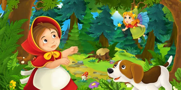 cartoon scene with young girl and happy dog in the forest going somewhere and fairy flying over - illustration for children