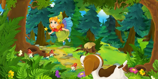 Cartoon Scene Young Fairy Girl Flying Happy Dog Forest Illustration — Stock Photo, Image