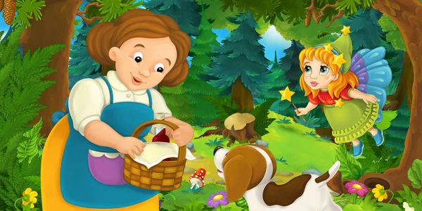 Scène Dessin Animé Avec Jeune Fille Chien Heureux Dans Forêt — Photo