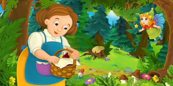 Cartoon Scene Young Girl Happy Dog Forest Going Somewhere Fairy — Stock Photo, Image