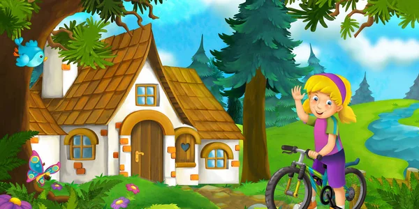 卡通片场景 草地上的森林里有漂亮的乡村砖房 骑自行车的女孩 儿童图解 — 图库照片