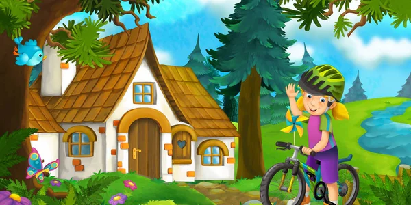 Kreslená Scéna Krásným Venkovským Zděným Domem Lese Louce Dívkou Cyklistickém — Stock fotografie