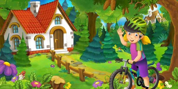 Cartoon Scene Beautiful Rural Brick House Forest Meadow Girl Bicycle — Stock Photo, Image