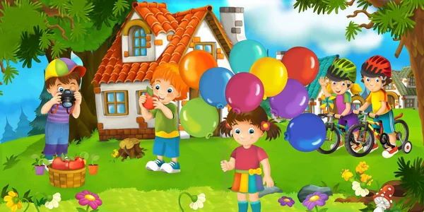 Cartoon Scene Met Mooie Boerderij Bakstenen Huis Het Bos Kinderen — Stockfoto