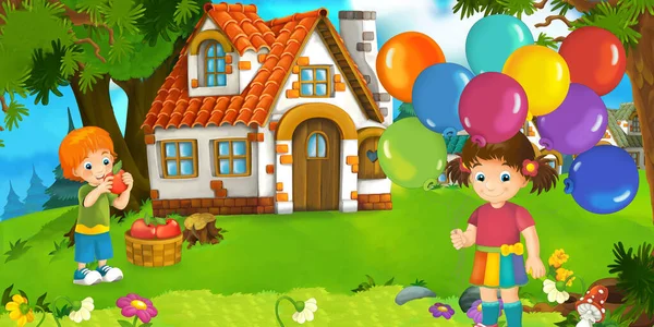 Cartoon Scene Beautiful Farm Brick House Forest Kid Vacations Illustration — Stock Photo, Image