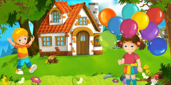 Cartoon Scene Beautiful Farm Brick House Forest Kid Vacations Illustration — Stock Photo, Image