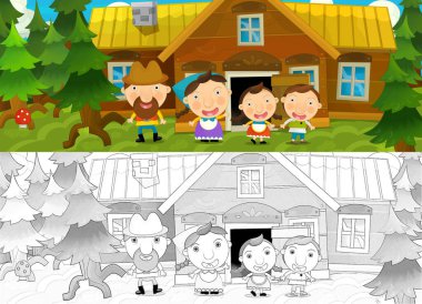 Doğada çocukların olduğu karikatür sahnesi - çocuklar için çizim
