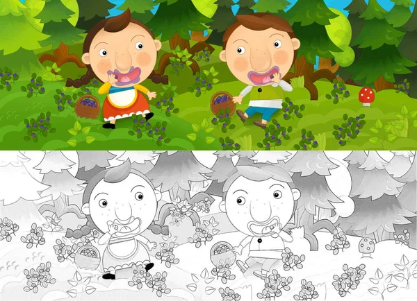 cartoon scene with sketch with kids in nature near farm - illustration for children