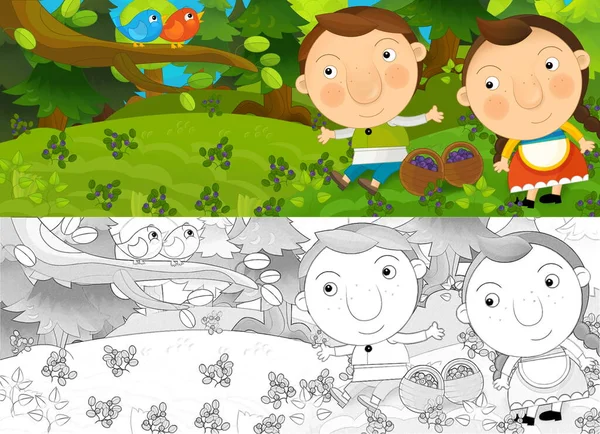 cartoon scene with sketch with kids in nature near farm - illustration for children