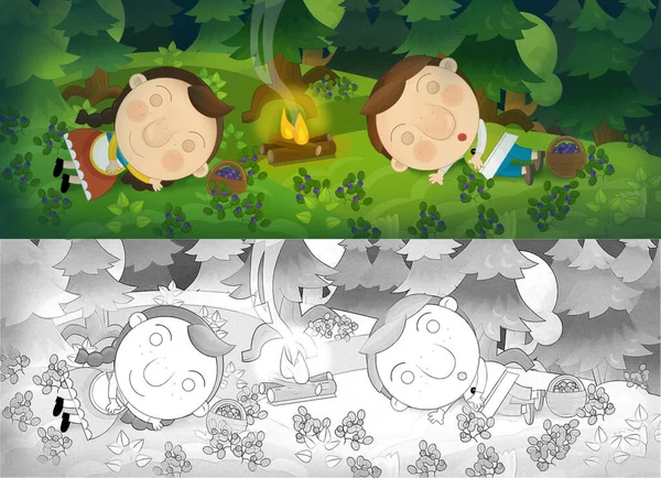 Cena Dos Desenhos Animados Com Esboço Com Crianças Natureza Perto — Fotografia de Stock