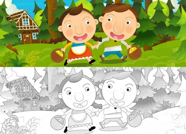 cartoon scene with sketch with kids in nature near farm - illustration for children