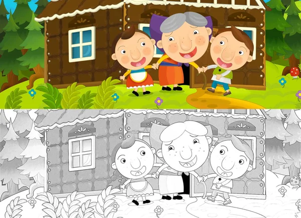 Rajzfilm Jelenet Vázlat Gyerekekkel Természet Közelében Farm Illusztráció Gyerekeknek — Stock Fotó