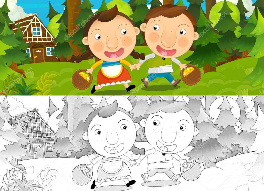 cartoon scene with sketch with kids in nature near farm - illustration for children