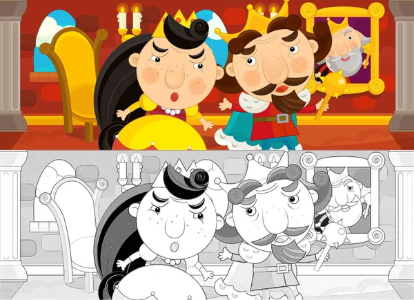 Cartoon scene of married royal couple in castle room - illustration for children