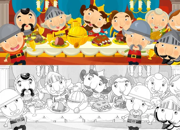 Cartoon scene of married couple prince and princess in castle room by the table full of food - illustration for children