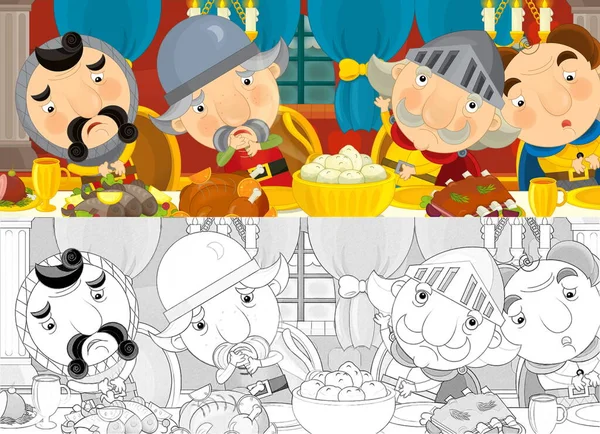 Cartoon scene of married couple prince and princess in castle room by the table full of food - illustration for children