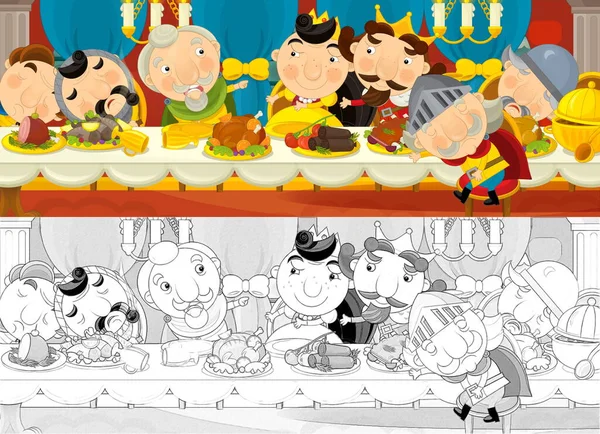 Cartoon scene of married couple prince and princess in castle room by the table full of food - illustration for children