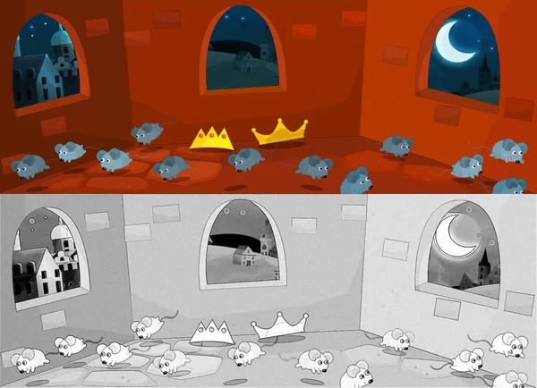 Kreslená Scéna Myšmi Středověkém Hradě Ilustrace Pro Děti — Stock fotografie