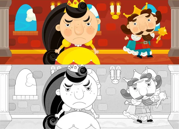 Evli Çift Prens Prensesin Kale Odasında Karikatür Sahnesi Çocuklar Için — Stok fotoğraf
