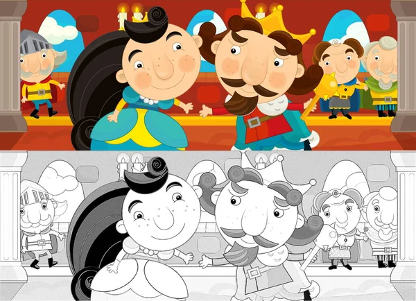 Cartoon scene of married couple prince and princess in castle room by the table full of food - illustration for children