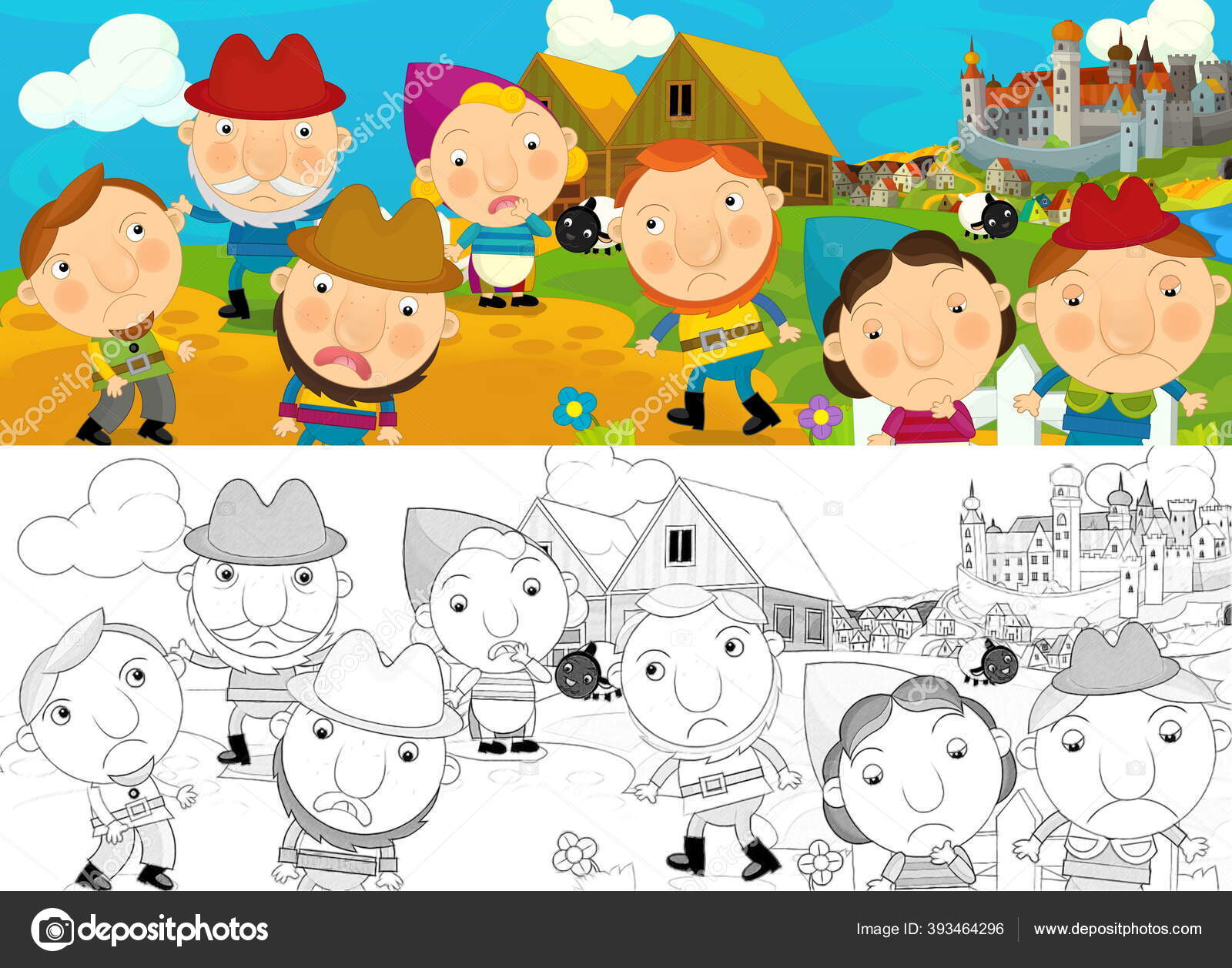 中世の城の前で農民牧場主とのスケッチと漫画シーン 子供のためのイラスト ストック写真 C Agaes8080