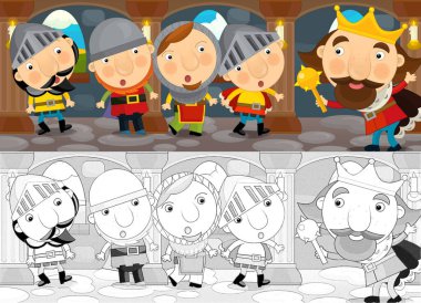 Şatoda kral ve savaşçıların olduğu karikatür sahnesi - çocuklar için illüstrasyon