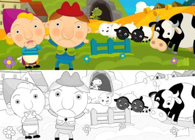 cartoon scene with sketch with farmers ranchers on pastures - illustration for children clipart