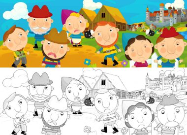Ortaçağ şatosunun önünde çiftçilerin çizdiği karikatür sahnesi - çocuklar için illüstrasyon
