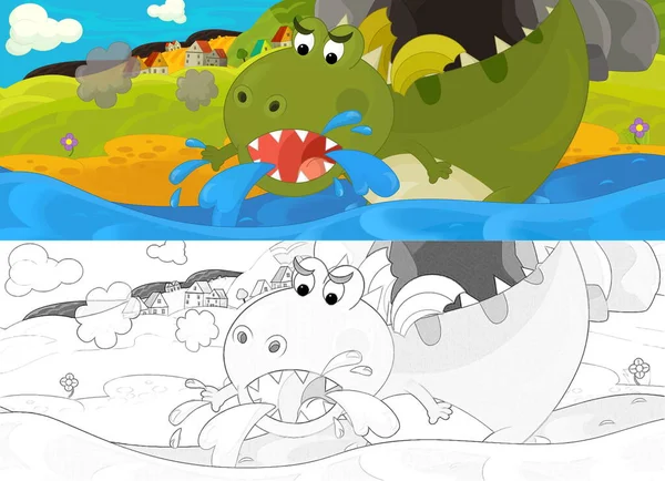 Cartoon scene with sketch with green dragon drinking the water near the cave - illustration for children