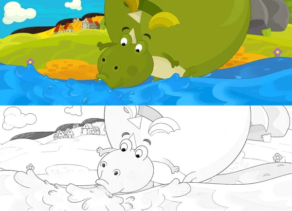 Cartoon scene with sketch with green dragon drinking the water near the cave - illustration for children