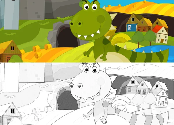 Cartoon scene with sketch with green dragon near the cave and village - illustration for children