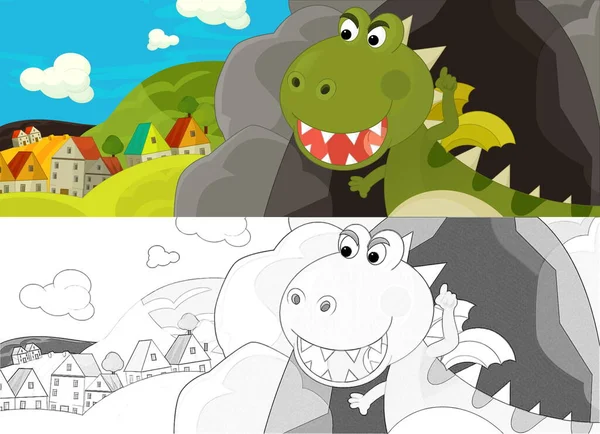Cartoon scene with sketch with green dragon near the cave and village - illustration for children