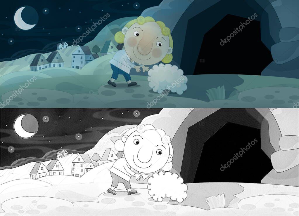 Cartoon illustration with sketch - shepherd walking in the village by night - illustration for children