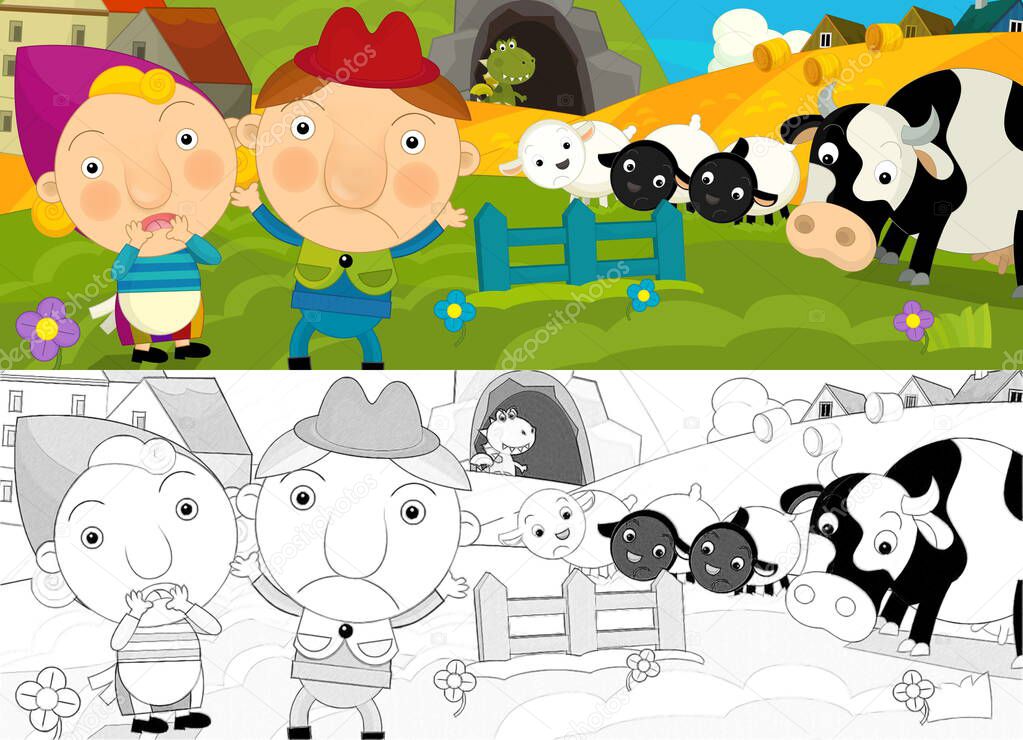 cartoon scene with sketch with farmers ranchers on pastures - illustration for children