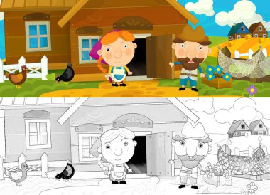Çiftçi çiftçilerinin ahşap evin yakınındaki çizgi film sahnesi - çocuklar için illüstrasyon